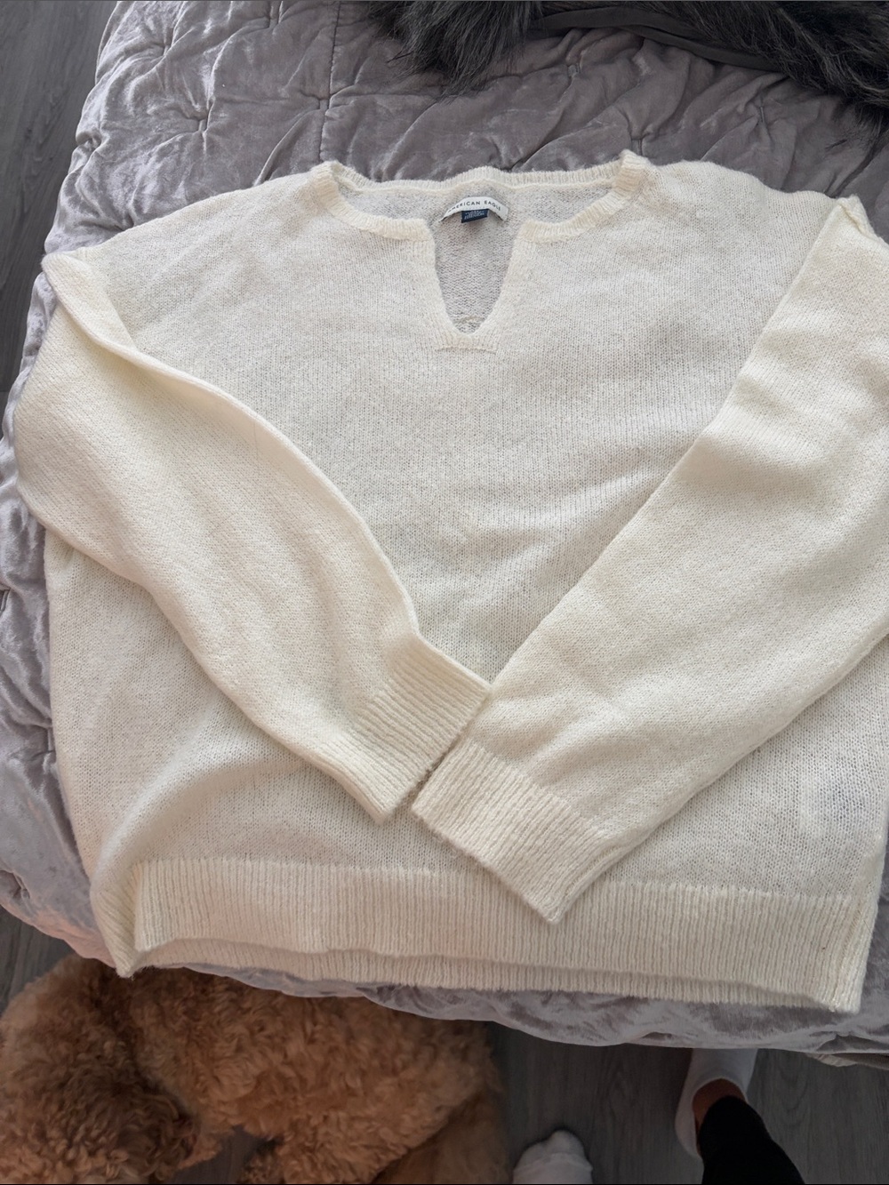 American Eagle Outfitters Cream V-Neck Lightweight Sweater